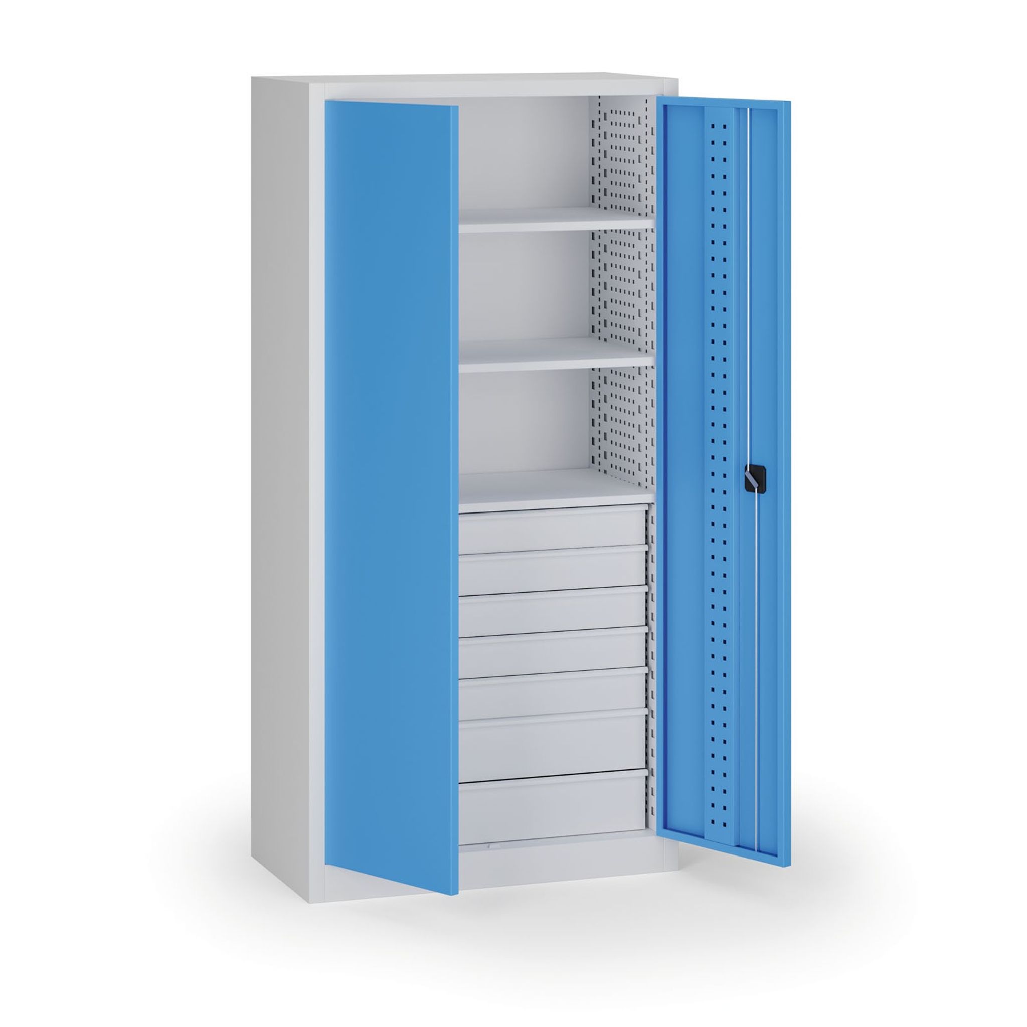 Policová dielenská skriňa 2-dverová, 3 police + 7 zásuviek, 1950 × 950 × 500 mm, modré dvere