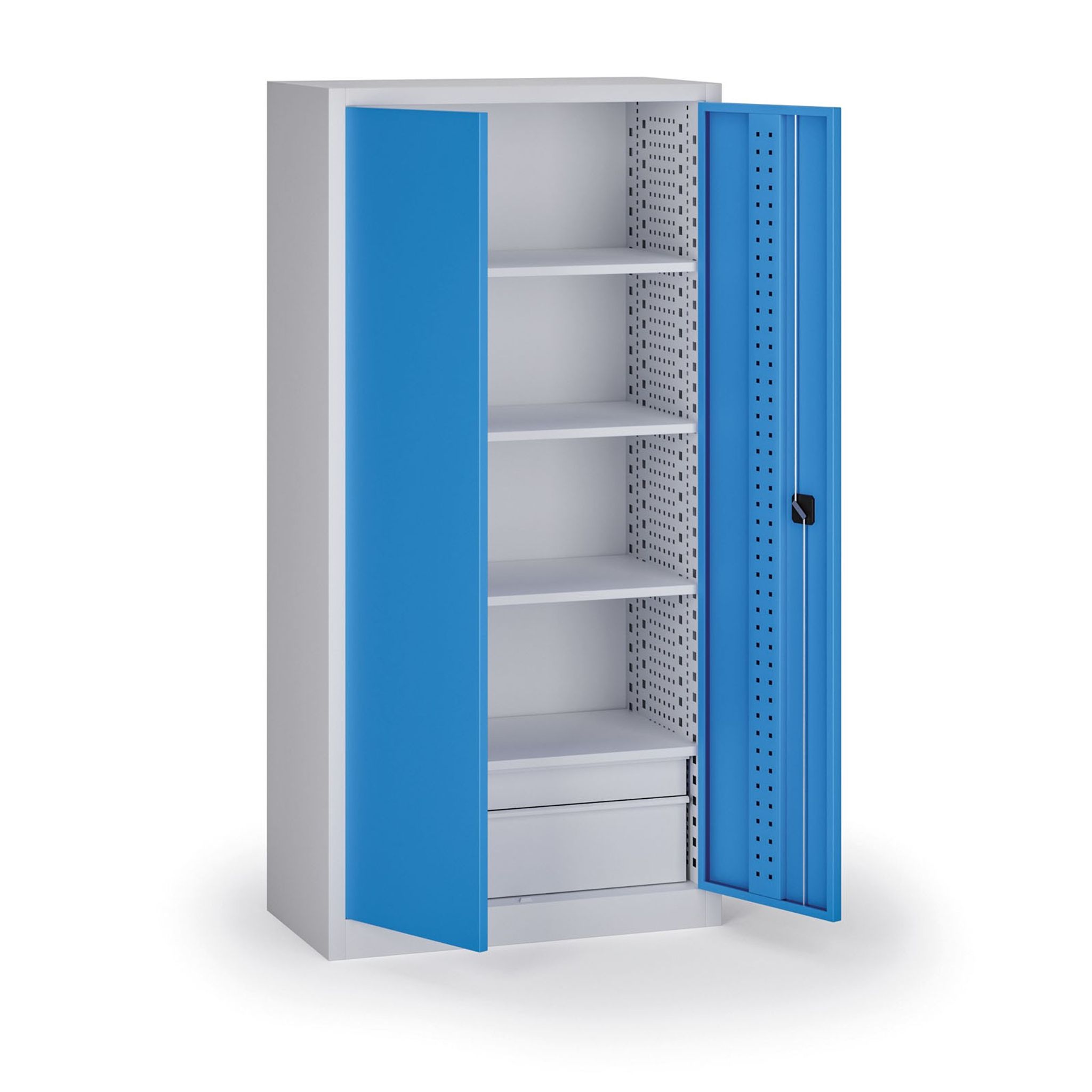 Policová dielenská skriňa 2-dverová, 4 police + 2 zásuvky, 1950 × 950 × 500 mm, modré dvere