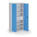 Policová dielenská skriňa 2-dverová, 5 políc + 2 zásuvky, 1950 × 950 × 500 mm, modré dvere