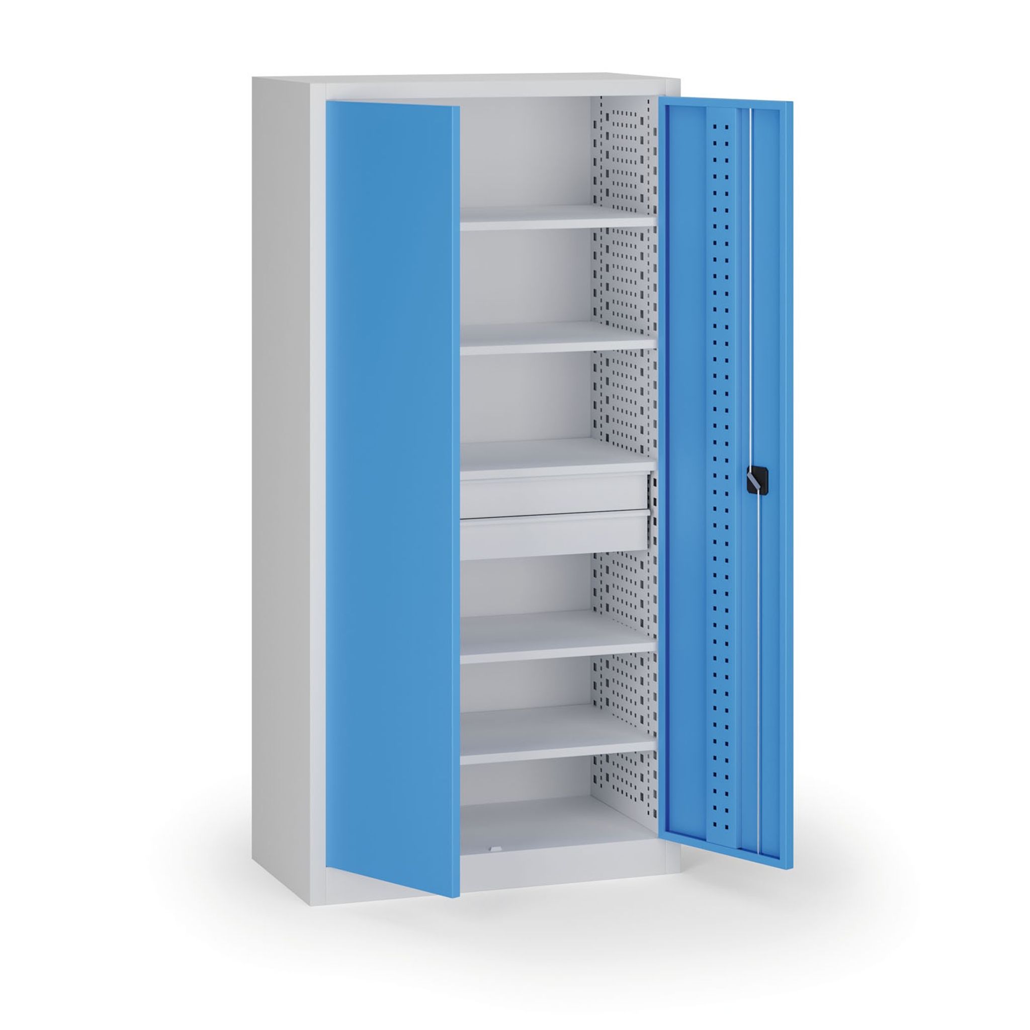 Policová dielenská skriňa 2-dverová, 5 políc + 2 zásuvky, 1950 × 950 × 500 mm, modré dvere