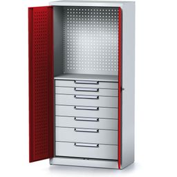 Policová dielenská skriňa 2-dverová MECHANIC, 1 polica, 7 zásuviek, 920 x 500 x 1950 mm, červené dvere