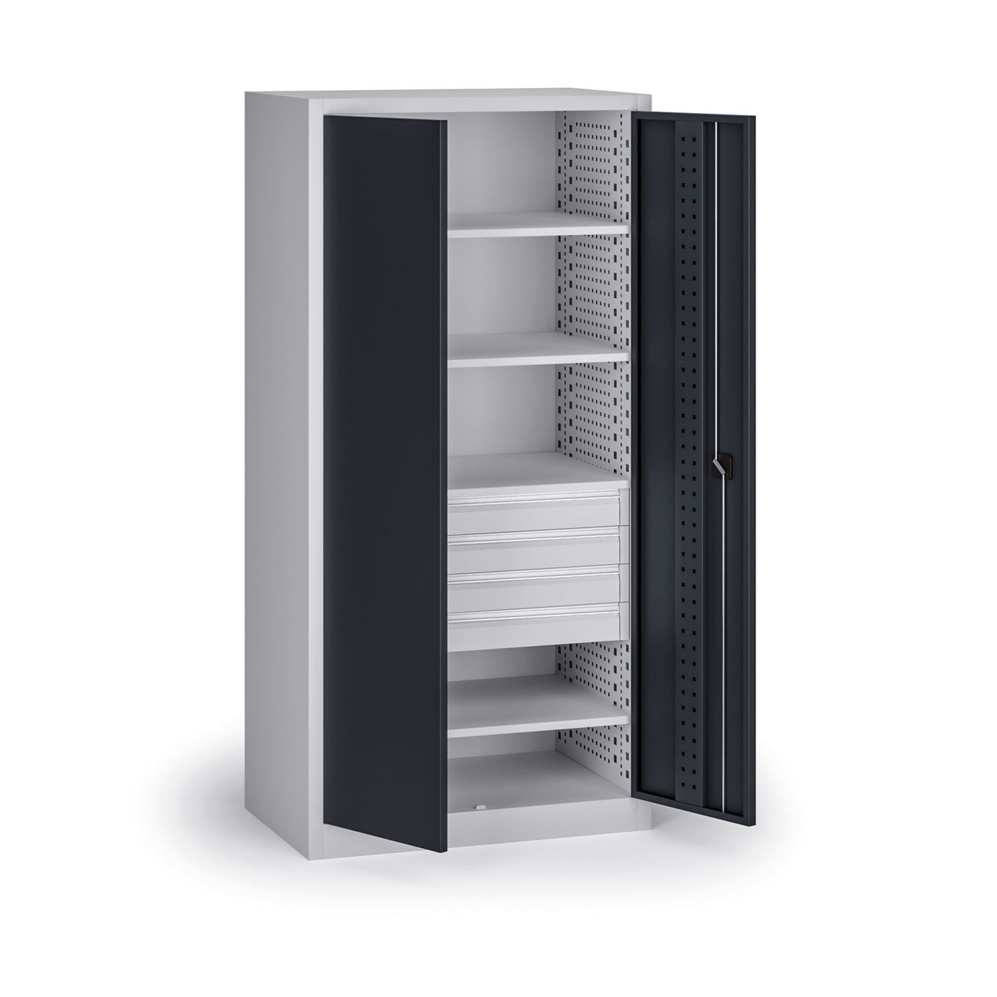 Policová dielenská skriňa na náradie KOVOS, 4 police, 4 zásuvky, perforovaná, 950 x 600 x 1950 mm, grafit