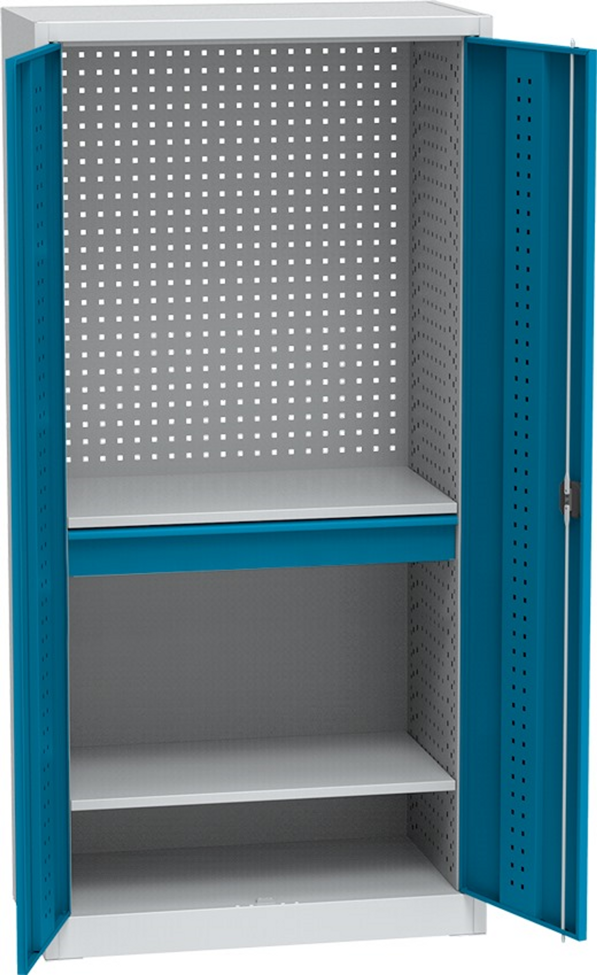 Policová dielenská skriňa na náradie KOVOS, perforovaný panel, 2 police, 1 zásuvka, 950 x 500 x 1950 mm