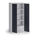 Policová dielenská skriňa na náradie KOVOS, perforovaný panel, 4 police, 2 zásuvky, 950 x 600 x 1950 mm, grafit