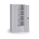 Policová dielenská skriňa na náradie KOVOS, perforovaný panel, 4 police, 2 zásuvky, 950 x 600 x 1950 mm, sivá