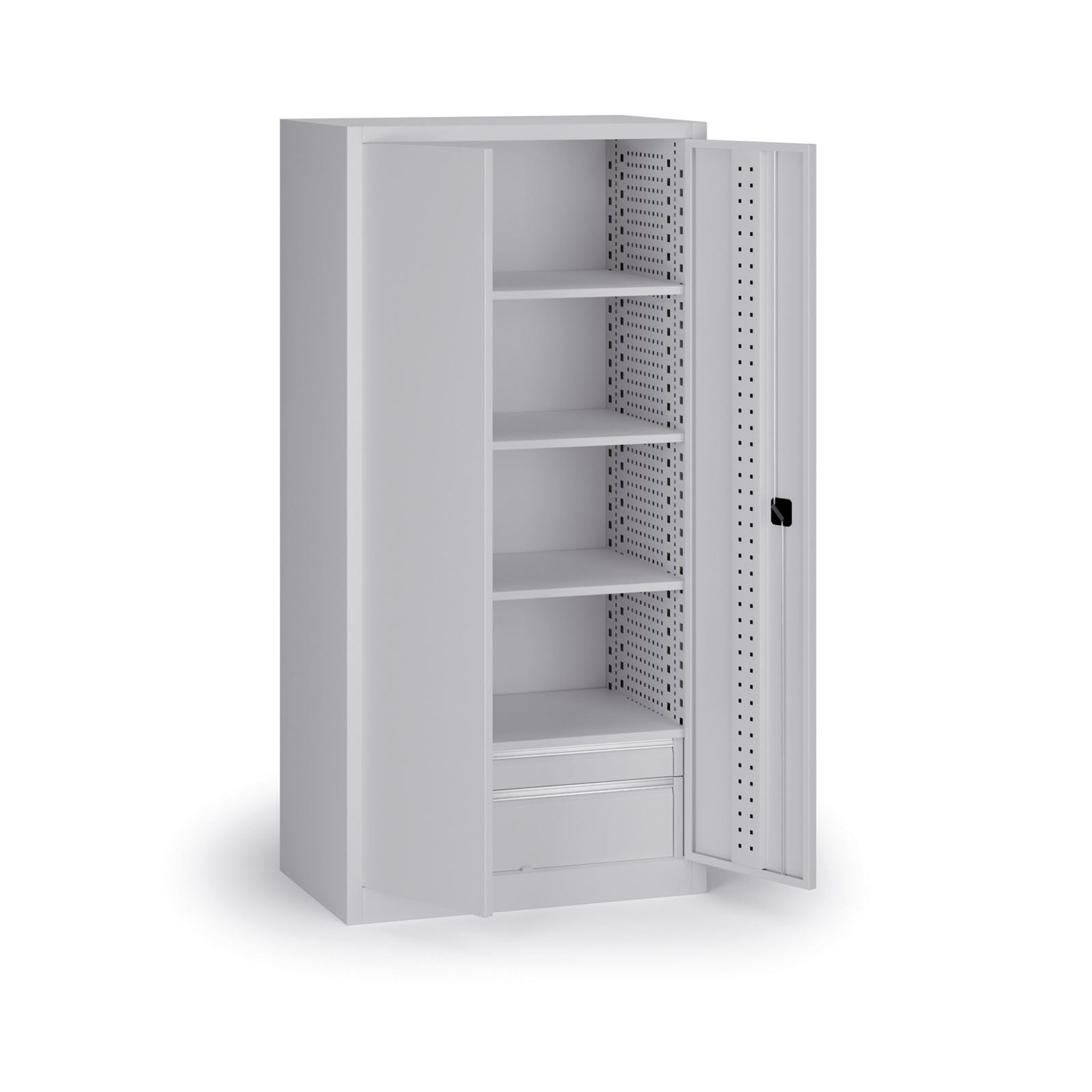 Policová dielenská skriňa na náradie KOVOS, perforovaný panel, 4 police, 2 zásuvky, 950 x 600 x 1950 mm