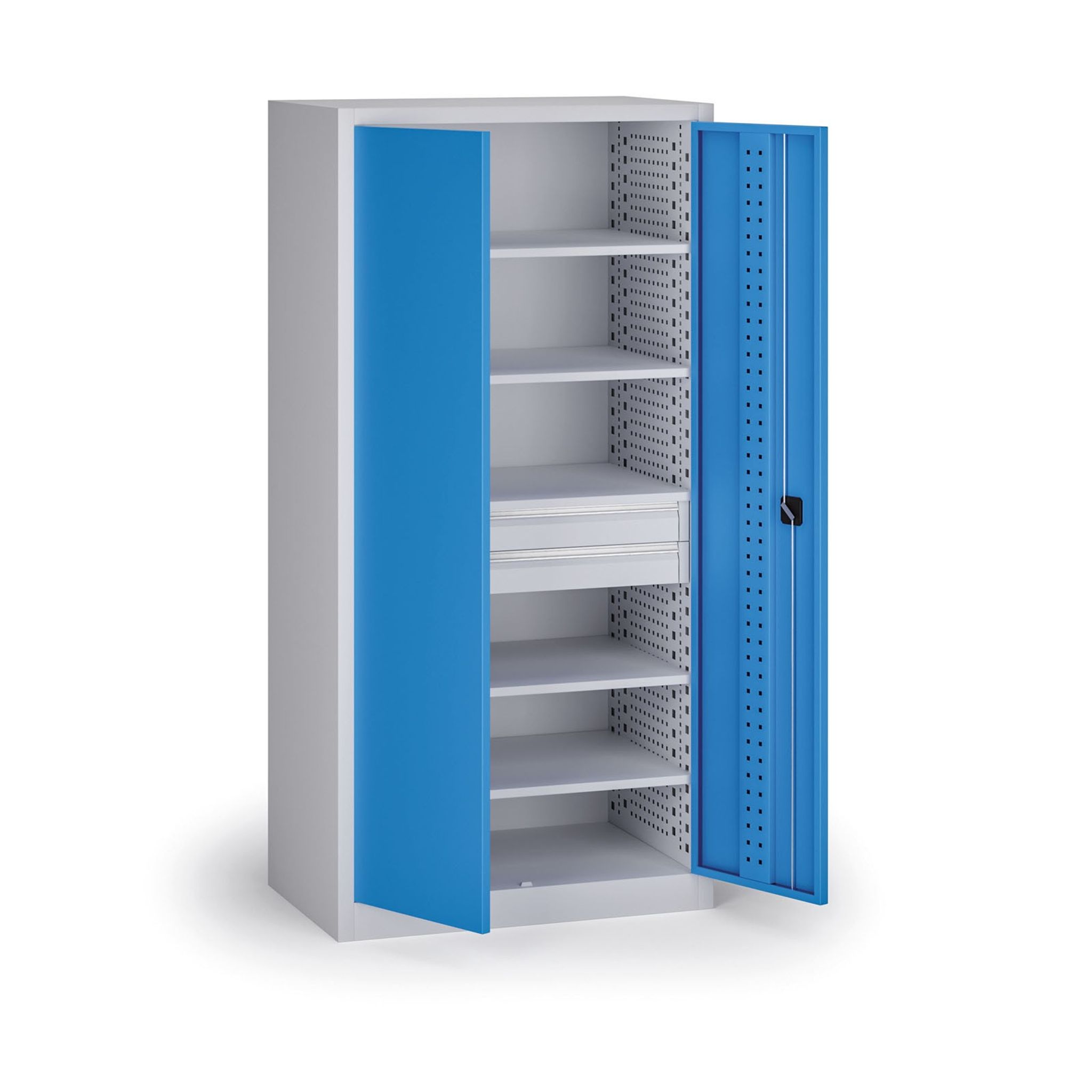 Policová dielenská skriňa na náradie KOVOS, perforovaný panel, 5 polic, 2 zásuvky, 950 x 600 x 1950 mm, modrá