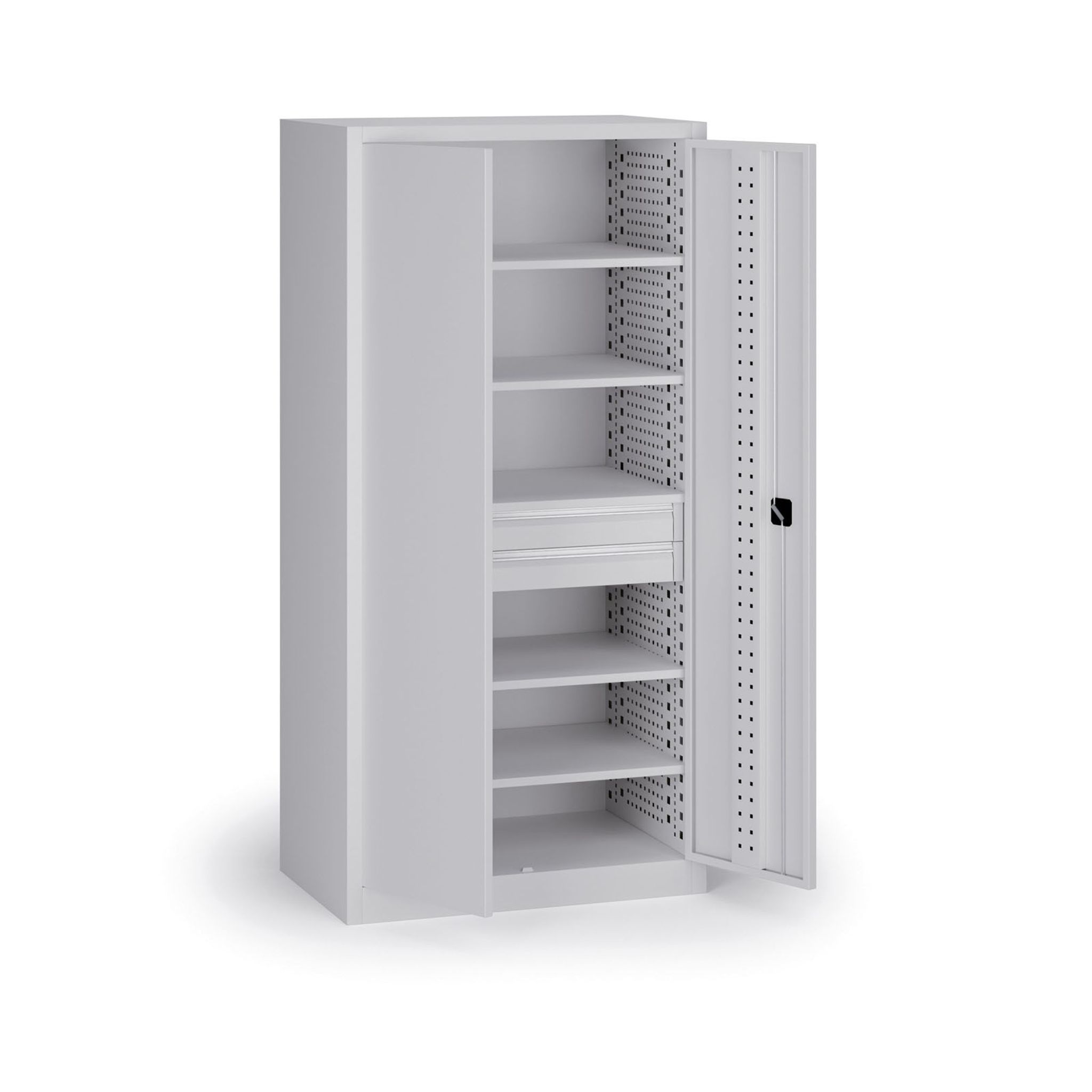 Policová dielenská skriňa na náradie KOVOS, perforovaný panel, 5 polic, 2 zásuvky, 950 x 600 x 1950 mm