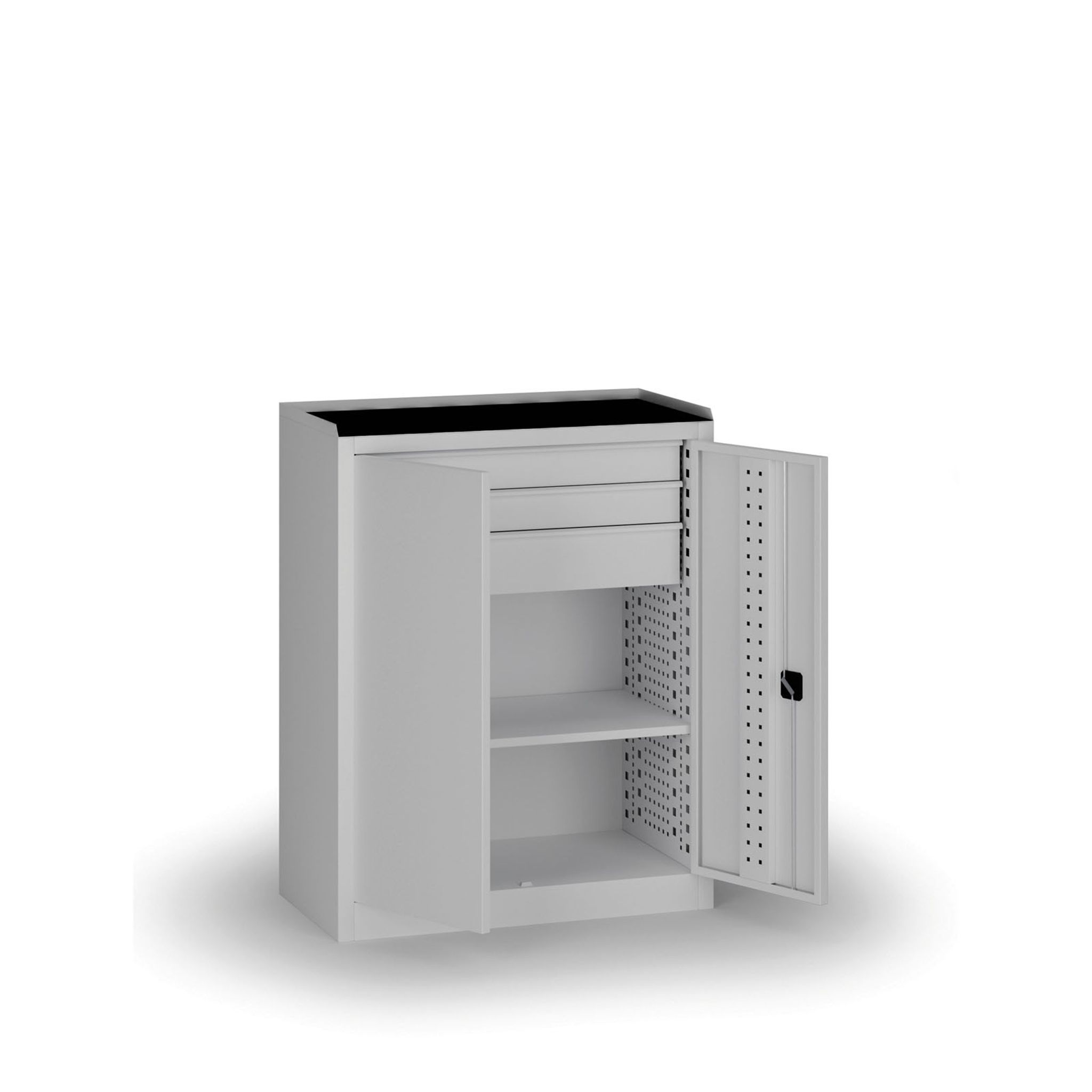 Policová dílenská skříň 2-dveřová, 1 police + 3 zásuvky, 1180 × 950 × 500 mm