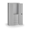Policová dílenská skříň 2-dveřová, 1 police + 7 zásuvek, 1950 × 950 × 500 mm, šedé dveře