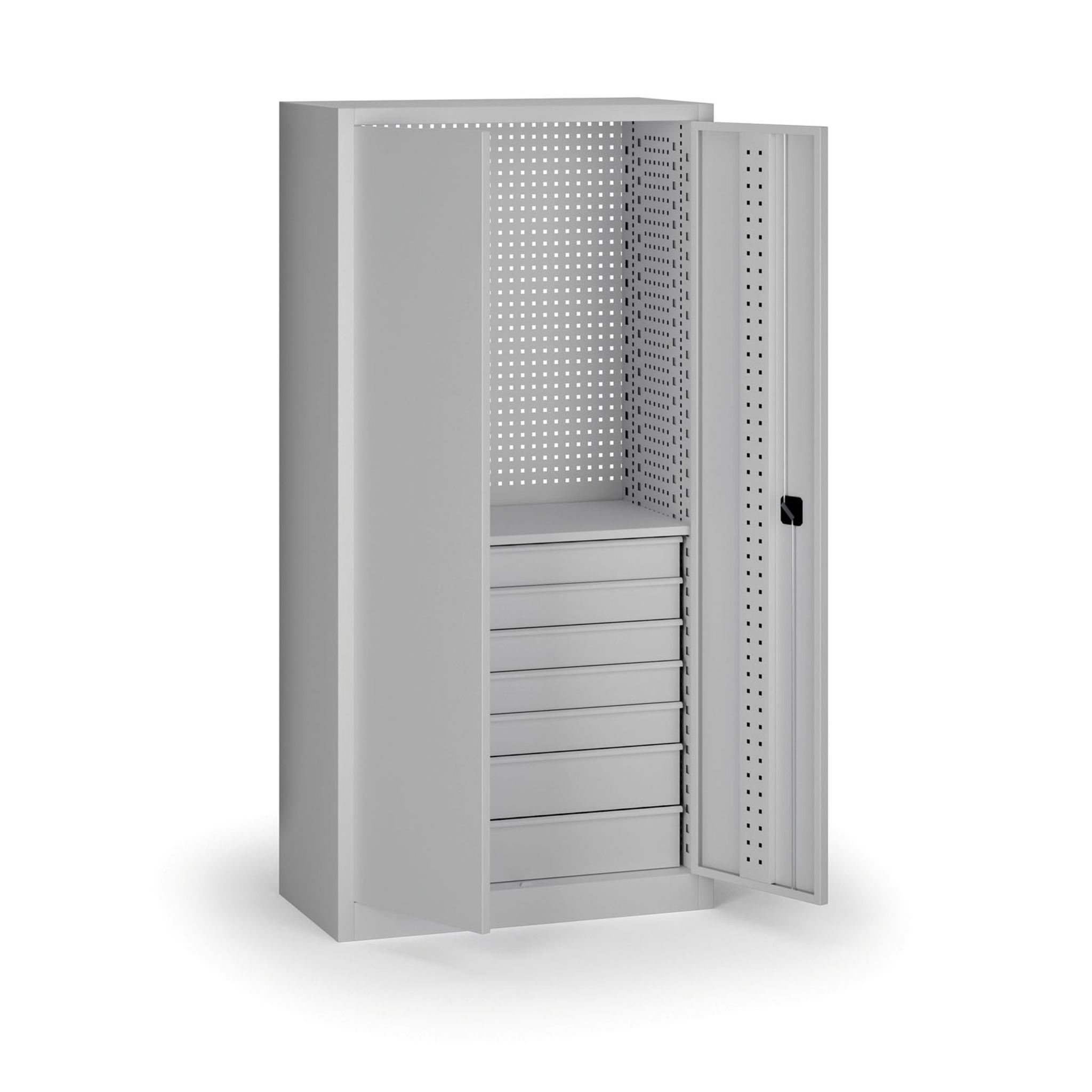 Policová dílenská skříň 2-dveřová, 1 police + 7 zásuvek, 1950 × 950 × 500 mm