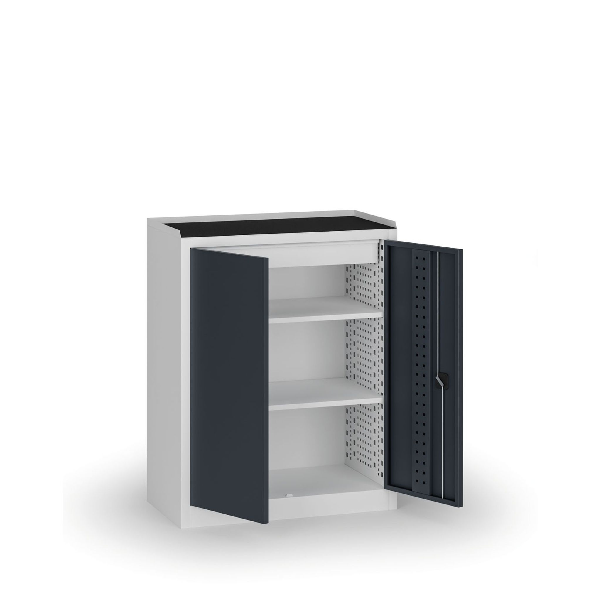 Policová dílenská skříň 2-dveřová, 2 police + 1 zásuvka, 1180 × 950 × 500 mm, grafitové dveře