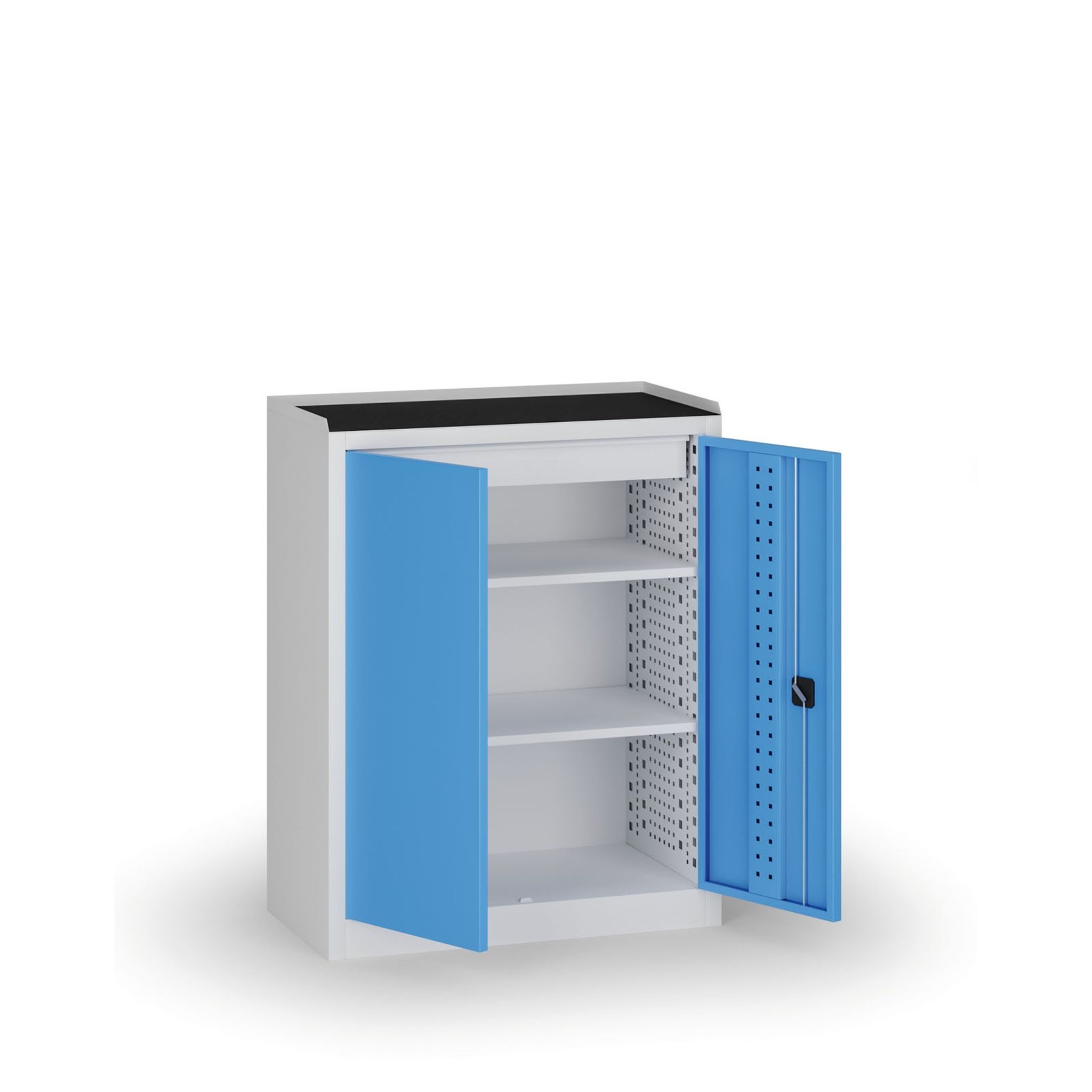 Policová dílenská skříň 2-dveřová, 2 police + 1 zásuvka, 1180 × 950 × 500 mm, modré dveře