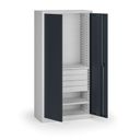 Policová dílenská skříň 2-dveřová, 2 police + 4 zásuvky, 1950 × 950 × 500 mm, grafitové dveře