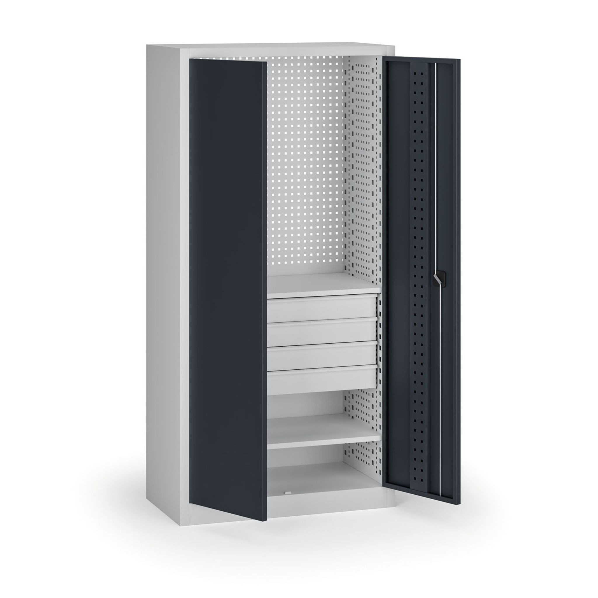 Policová dílenská skříň 2-dveřová, 2 police + 4 zásuvky, 1950 × 950 × 500 mm, grafitové dveře