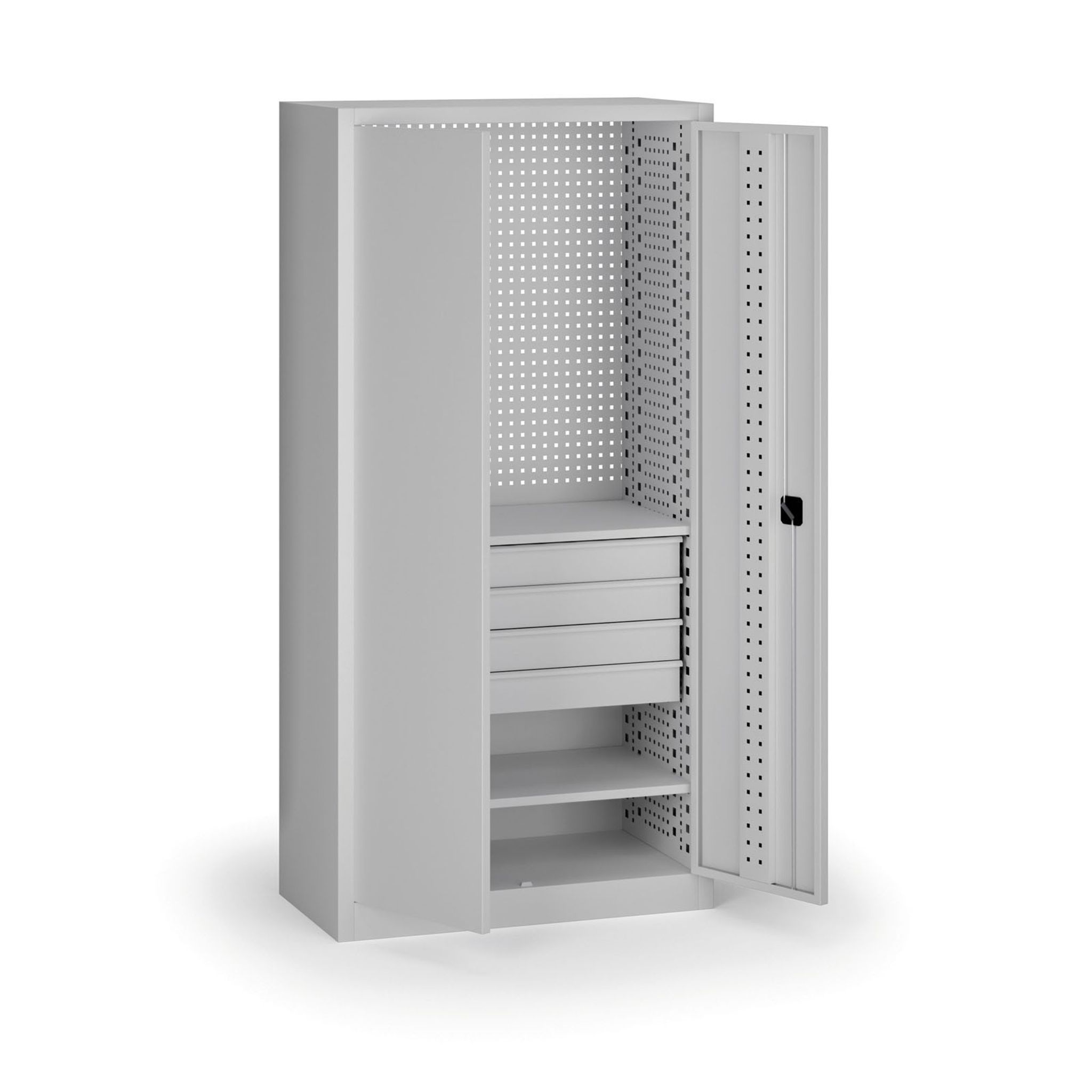 Policová dílenská skříň 2-dveřová, 2 police + 4 zásuvky, 1950 × 950 × 500 mm