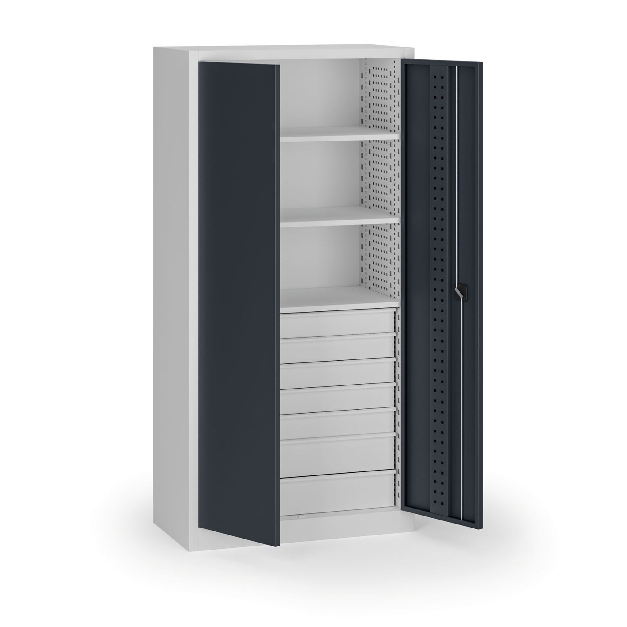 Policová dílenská skříň 2-dveřová, 3 police + 7 zásuvek, 1950 × 950 × 500 mm, grafitové dveře