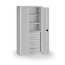 Policová dílenská skříň 2-dveřová, 3 police + 7 zásuvek, 1950 × 950 × 500 mm, šedé dveře