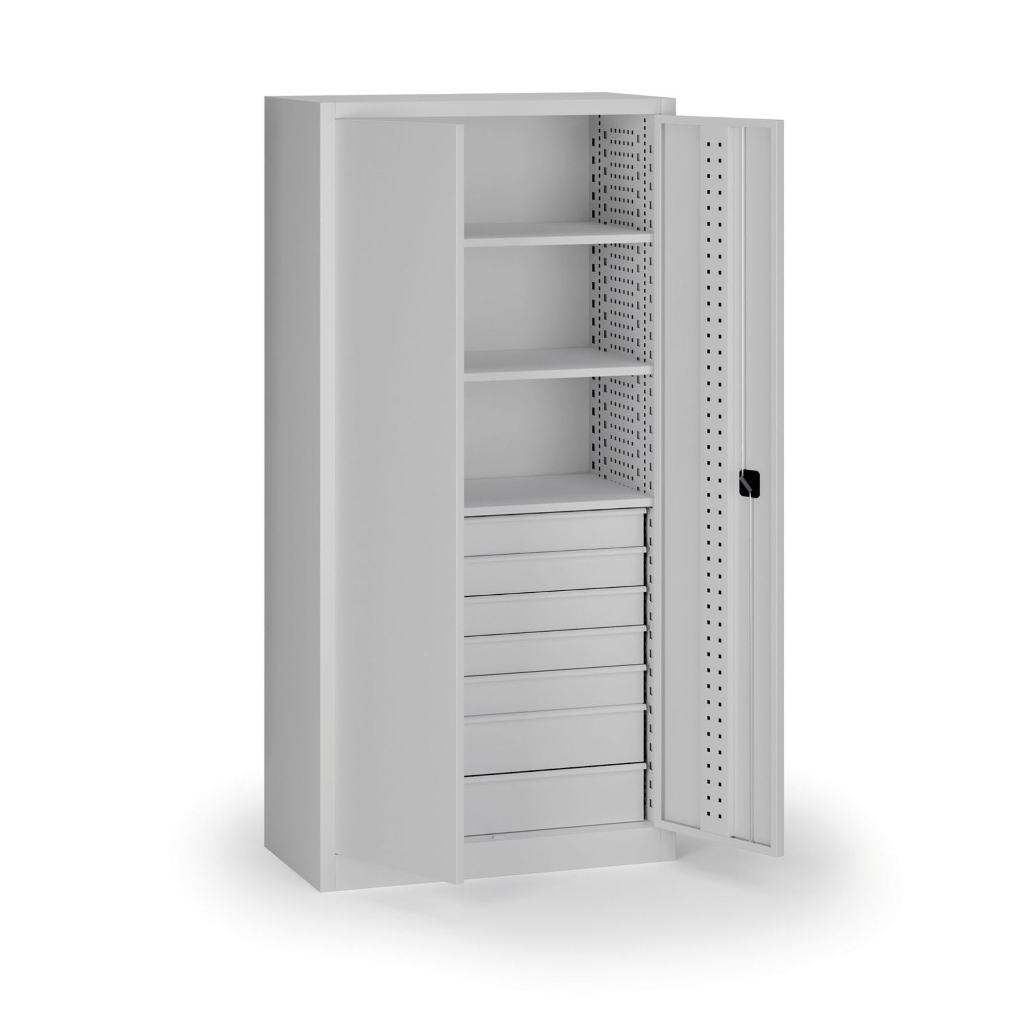 Policová dílenská skříň 2-dveřová, 3 police + 7 zásuvek, 1950 × 950 × 500 mm