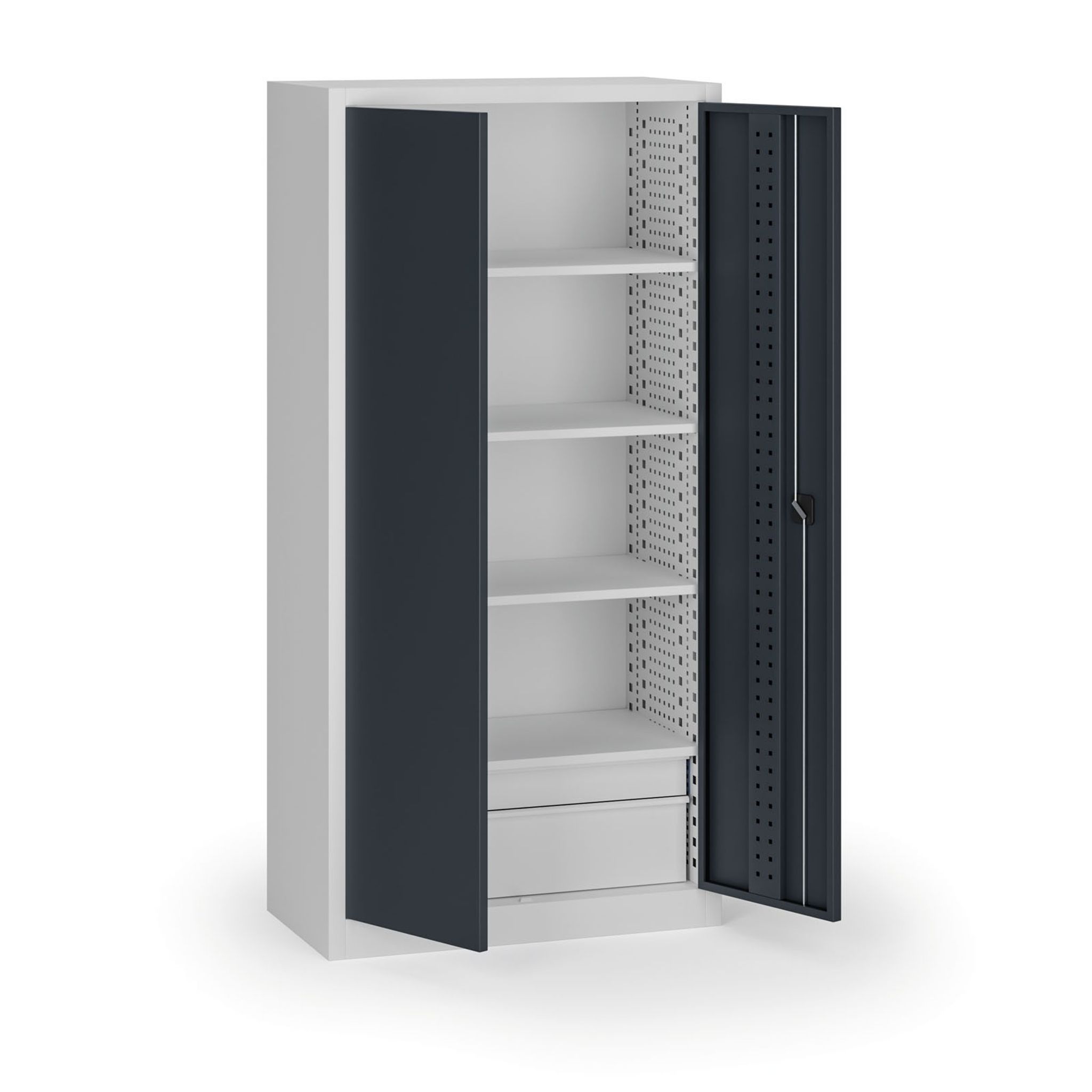 Policová dílenská skříň 2-dveřová, 4 police + 2 zásuvky, 1950 × 950 × 500 mm, grafitové dveře