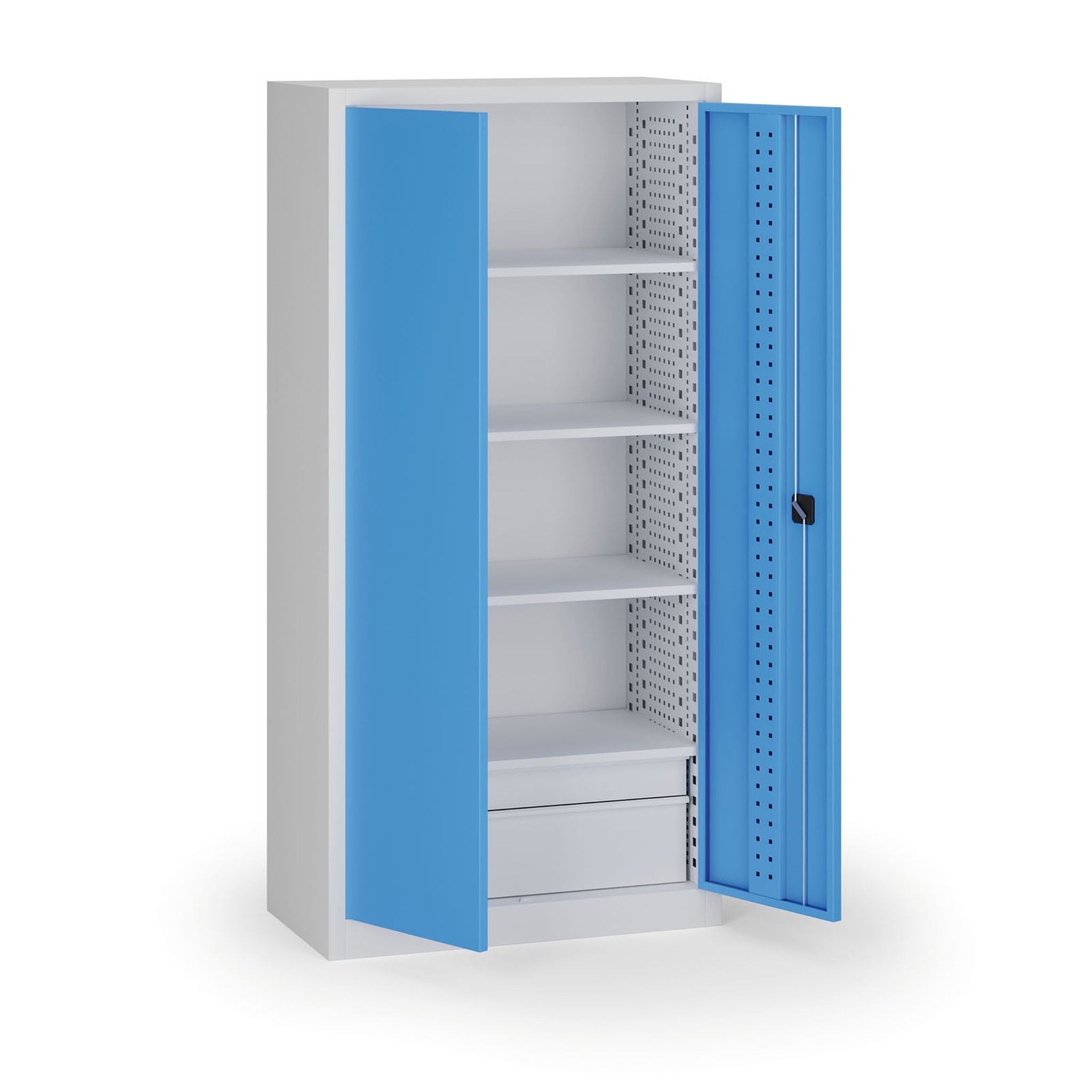Policová dílenská skříň 2-dveřová, 4 police + 2 zásuvky, 1950 × 950 × 500 mm, modré dveře