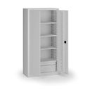Policová dílenská skříň 2-dveřová, 4 police + 2 zásuvky, 1950 × 950 × 500 mm, šedé dveře