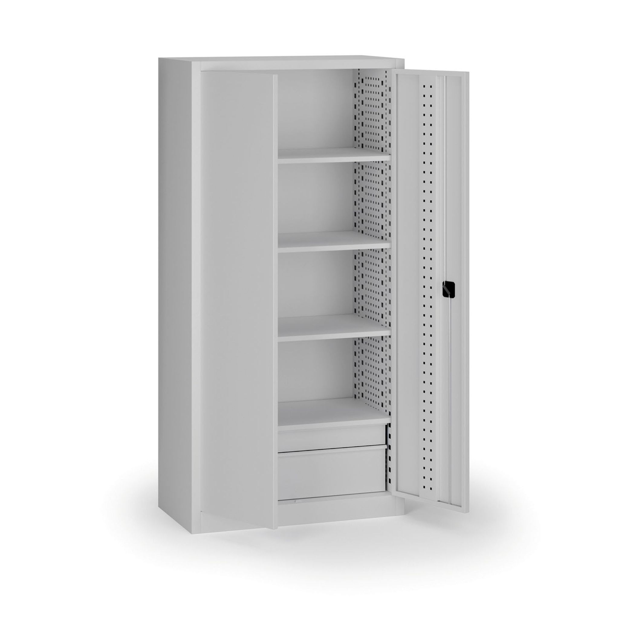 Policová dílenská skříň 2-dveřová, 4 police + 2 zásuvky, 1950 × 950 × 500 mm