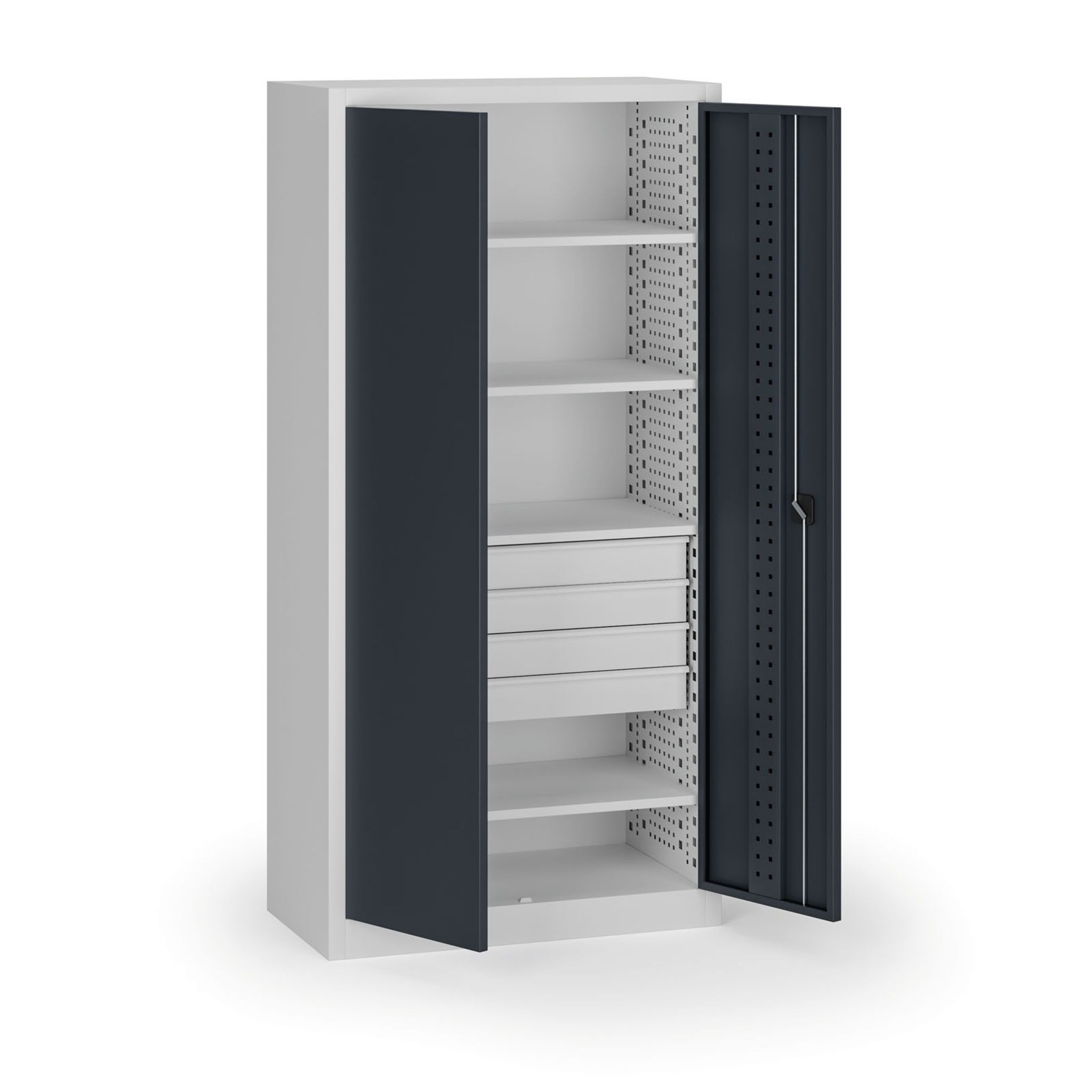 Policová dílenská skříň 2-dveřová, 4 police + 4 zásuvky, 1950 × 950 × 500 mm, grafitové dveře