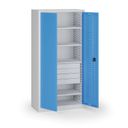 Policová dílenská skříň 2-dveřová, 4 police + 4 zásuvky, 1950 × 950 × 500 mm, modré dveře