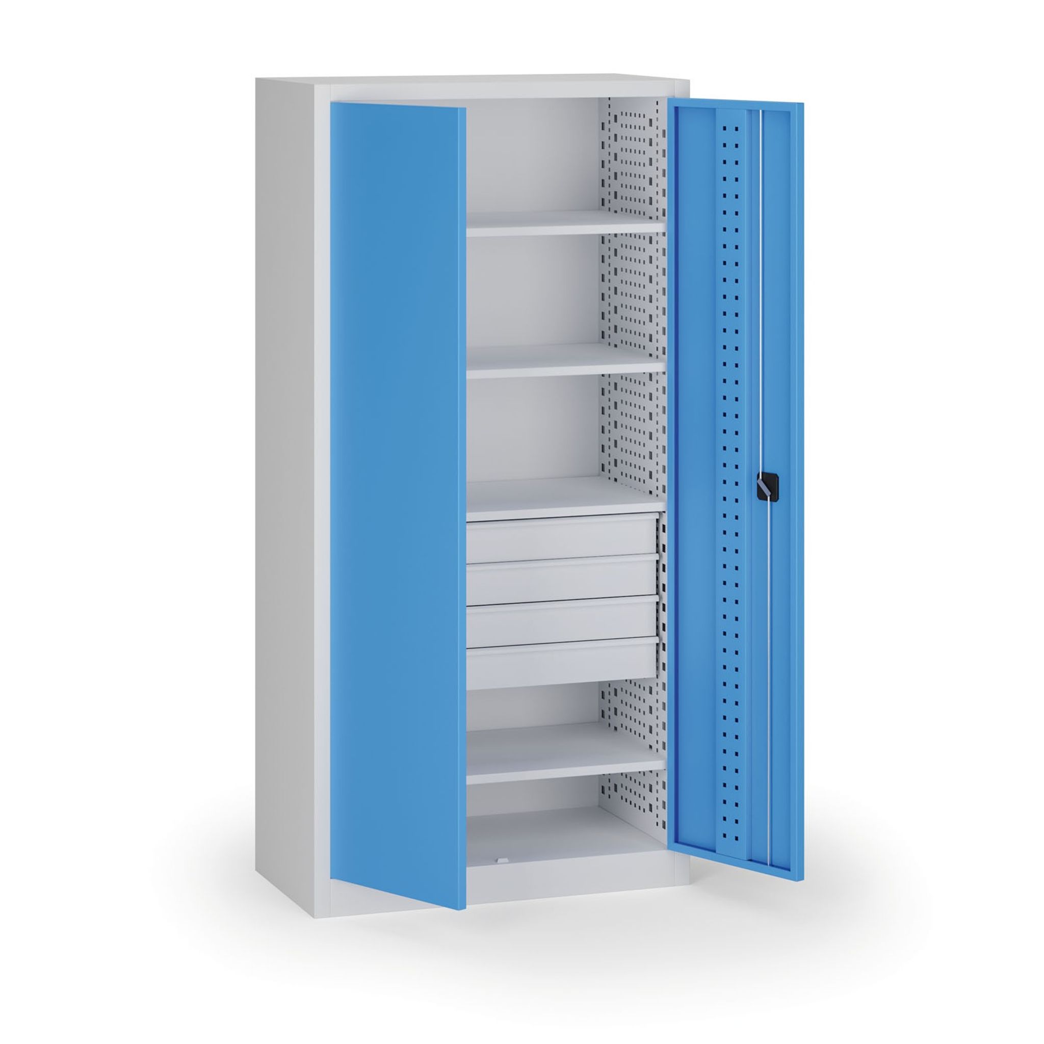 Policová dílenská skříň 2-dveřová, 4 police + 4 zásuvky, 1950 × 950 × 500 mm, modré dveře