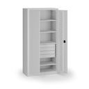 Policová dílenská skříň 2-dveřová, 4 police + 4 zásuvky, 1950 × 950 × 500 mm, šedé dveře