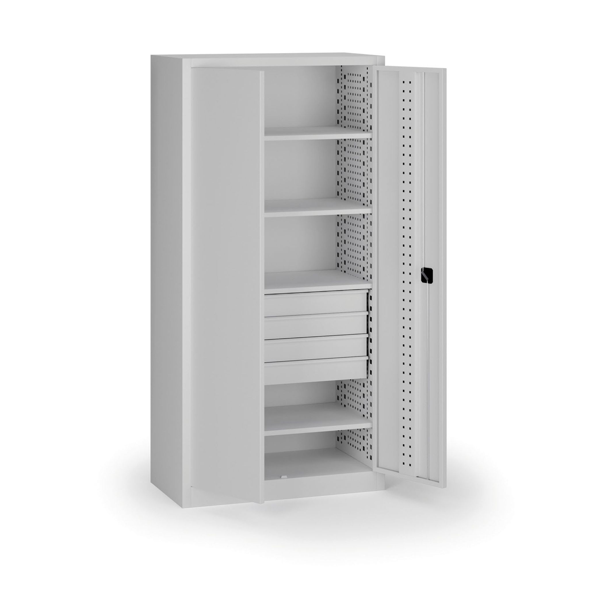 Policová dílenská skříň 2-dveřová, 4 police + 4 zásuvky, 1950 × 950 × 500 mm