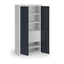 Policová dílenská skříň na nářadí KOVOS, 4 police, 4 zásuvky, perforovaná, 950 x 600 x 1950 mm, grafit