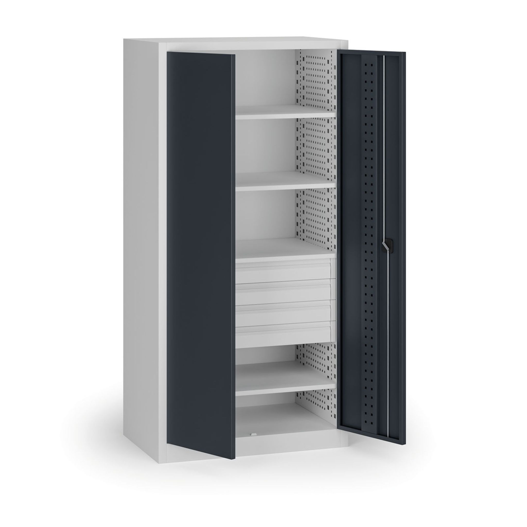 Policová dílenská skříň na nářadí KOVOS, 4 police, 4 zásuvky, perforovaná, 950 x 600 x 1950 mm, grafit