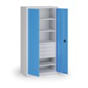 Policová dílenská skříň na nářadí KOVOS, 4 police, 4 zásuvky, perforovaná, 950 x 600 x 1950 mm, modrá