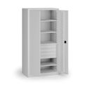 Policová dílenská skříň na nářadí KOVOS, 4 police, 4 zásuvky, perforovaná, 950 x 600 x 1950 mm, šedá