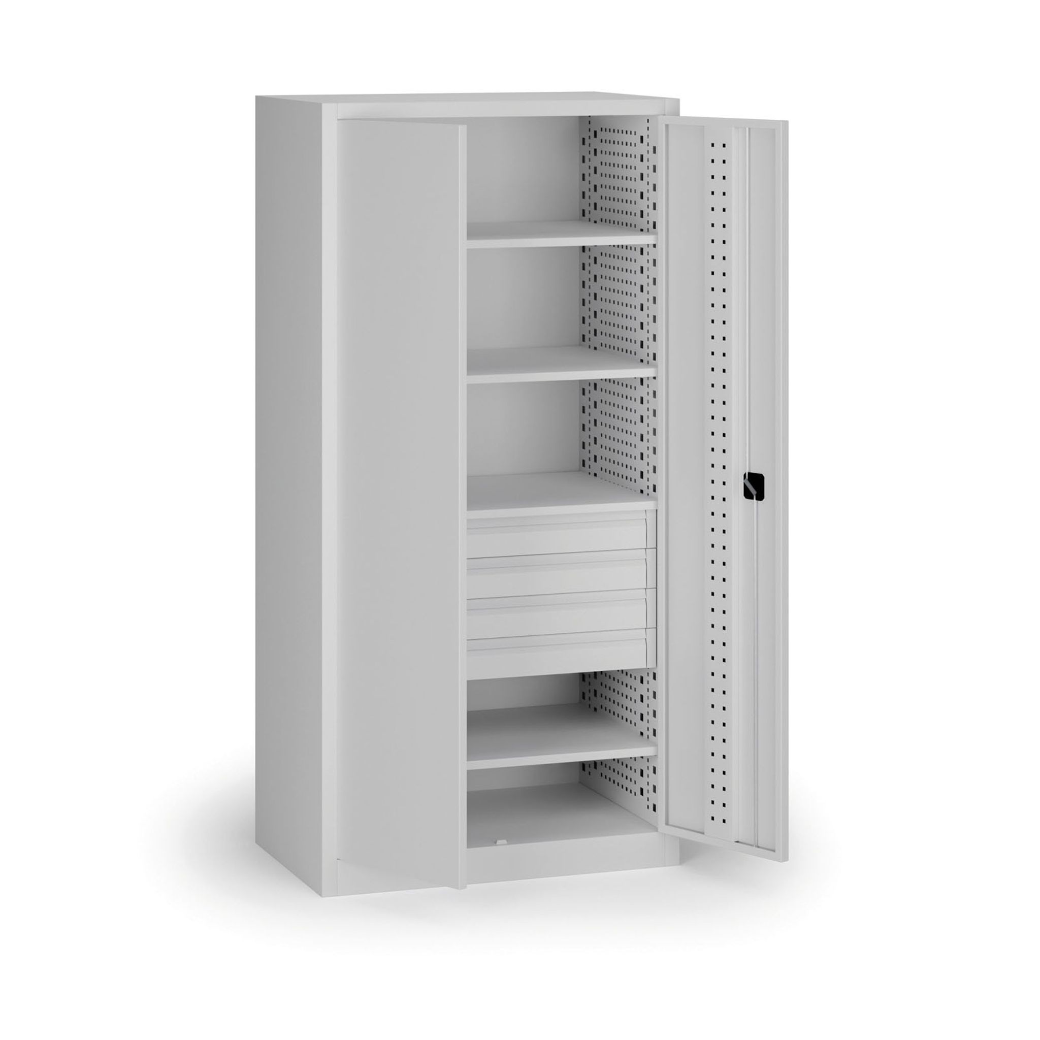 Policová dílenská skříň na nářadí KOVOS, 4 police, 4 zásuvky, perforovaná, 950 x 600 x 1950 mm