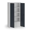 Policová dílenská skříň na nářadí KOVOS, perforovaný panel,  4 police, 2 zásuvky, 950 x 600 x 1950 mm, grafit