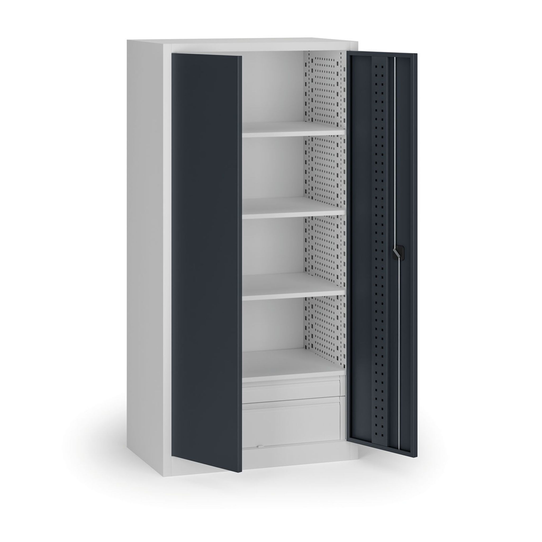 Policová dílenská skříň na nářadí KOVOS, perforovaný panel,  4 police, 2 zásuvky, 950 x 600 x 1950 mm, grafit