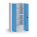 Policová dílenská skříň na nářadí KOVOS, perforovaný panel,  4 police, 2 zásuvky, 950 x 600 x 1950 mm, modrá