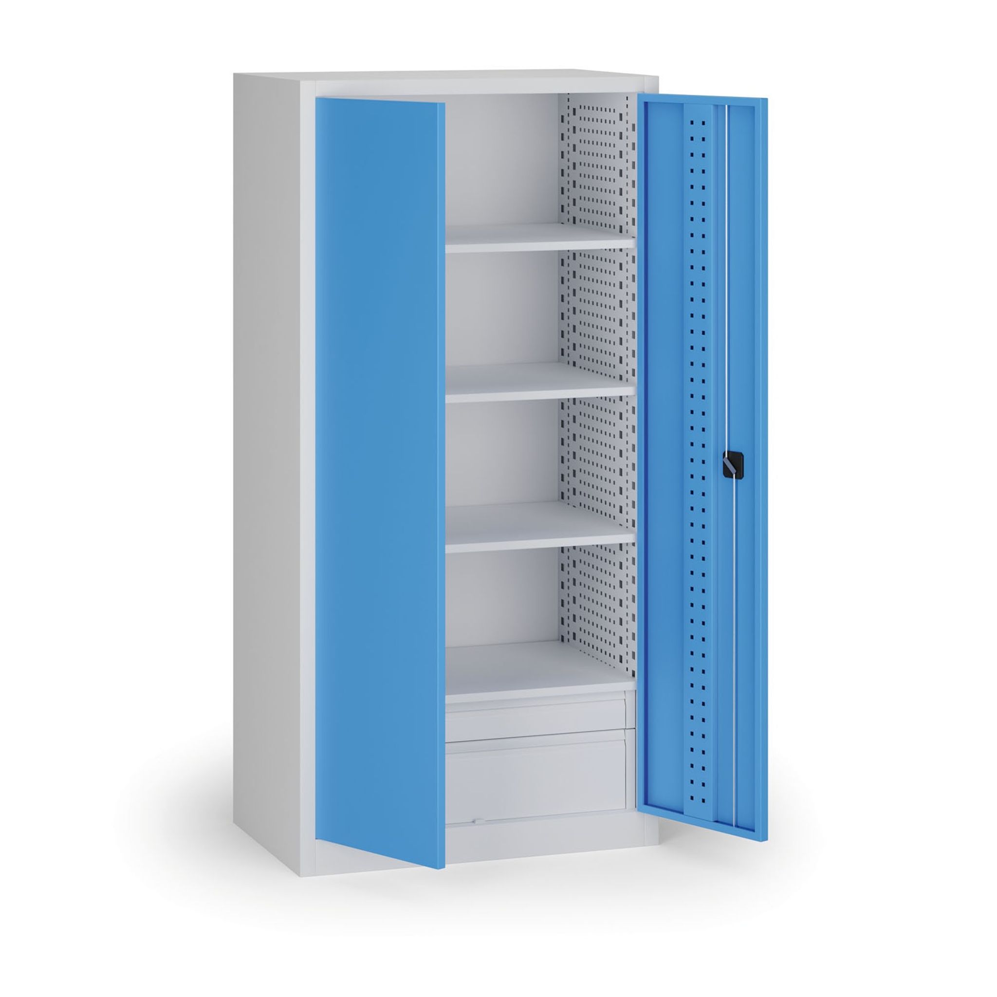 Policová dílenská skříň na nářadí KOVOS, perforovaný panel,  4 police, 2 zásuvky, 950 x 600 x 1950 mm, modrá