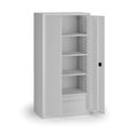 Policová dílenská skříň na nářadí KOVOS, perforovaný panel,  4 police, 2 zásuvky, 950 x 600 x 1950 mm, šedá