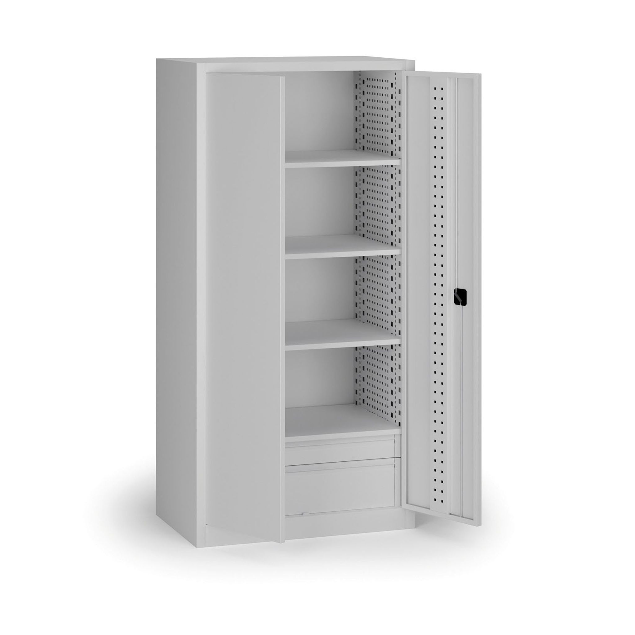 Policová dílenská skříň na nářadí KOVOS, perforovaný panel,  4 police, 2 zásuvky, 950 x 600 x 1950 mm