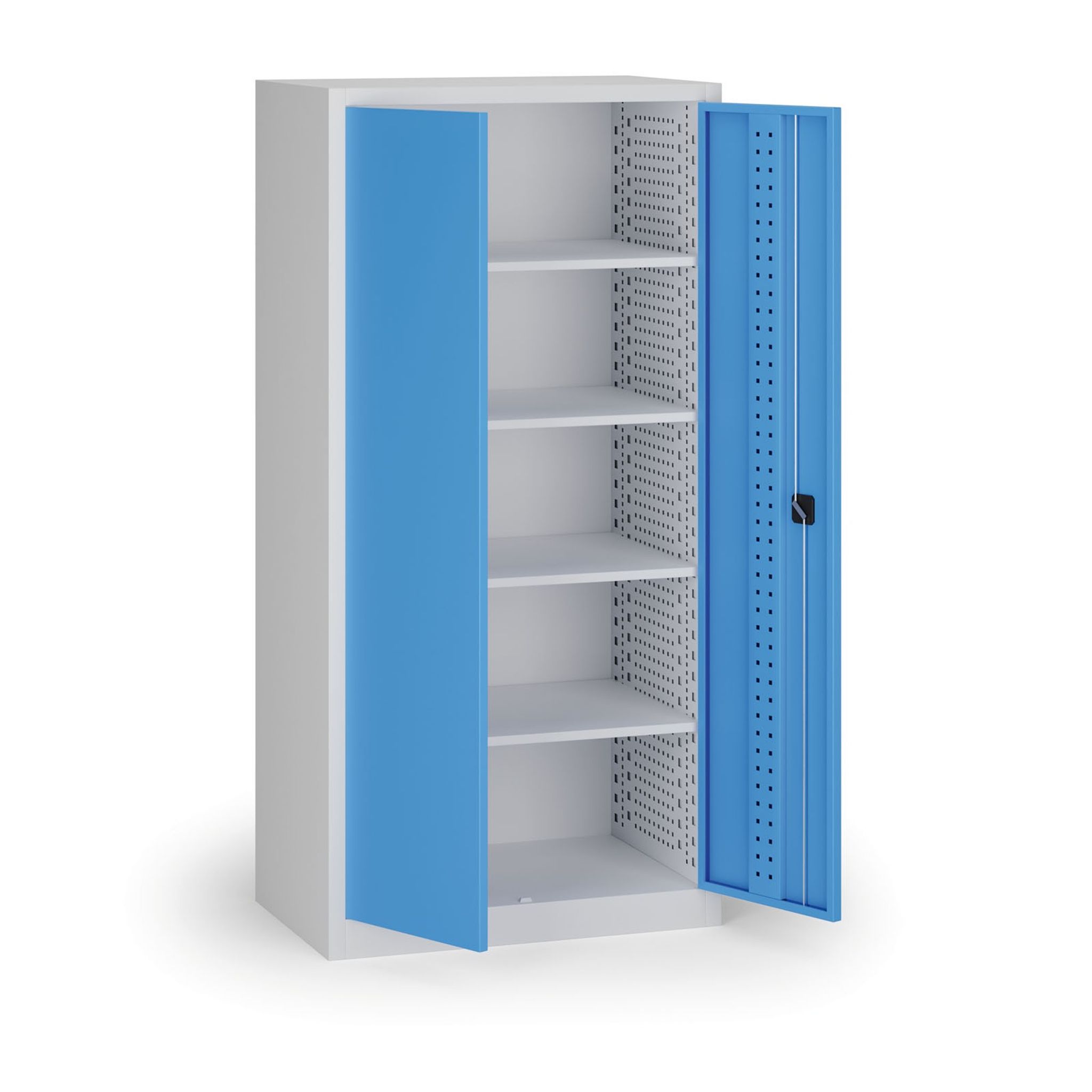 Policová dílenská skříň na nářadí KOVOS, perforovaný panel, 4 police, 950 x 600 x 1950 mm, modrá