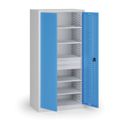 Policová dílenská skříň na nářadí KOVOS, perforovaný panel,  5 polic, 2 zásuvky, 950 x 600 x 1950 mm, modrá