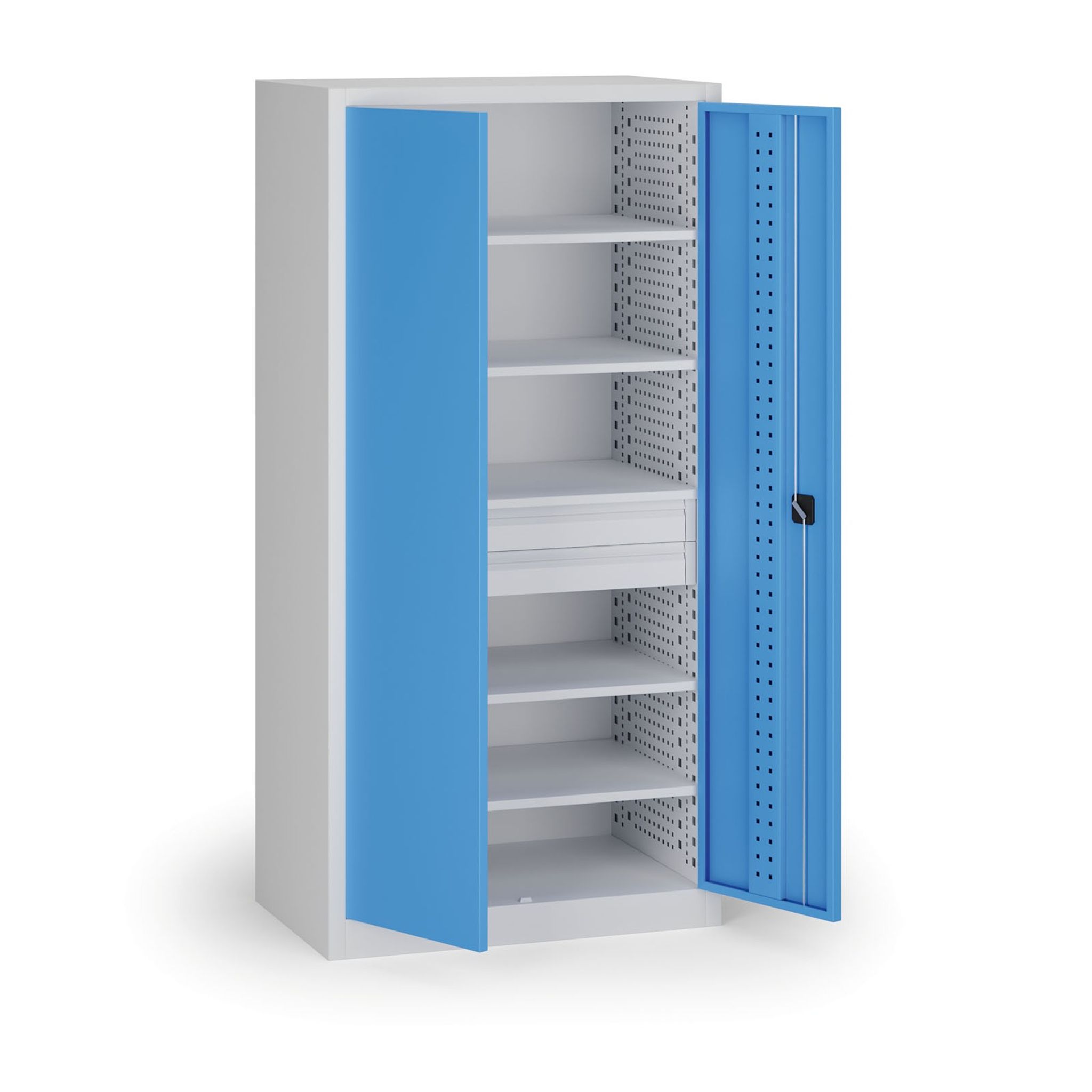 Policová dílenská skříň na nářadí KOVOS, perforovaný panel,  5 polic, 2 zásuvky, 950 x 600 x 1950 mm, modrá