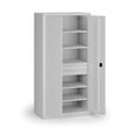 Policová dílenská skříň na nářadí KOVOS, perforovaný panel,  5 polic, 2 zásuvky, 950 x 600 x 1950 mm, šedá