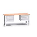 Pracovní stůl do dílny G3 se 2 závěsnými boxy na nářadí, buková spárovka, 8 zásuvek, pevné kovové nohy, 2000 mm, šedá