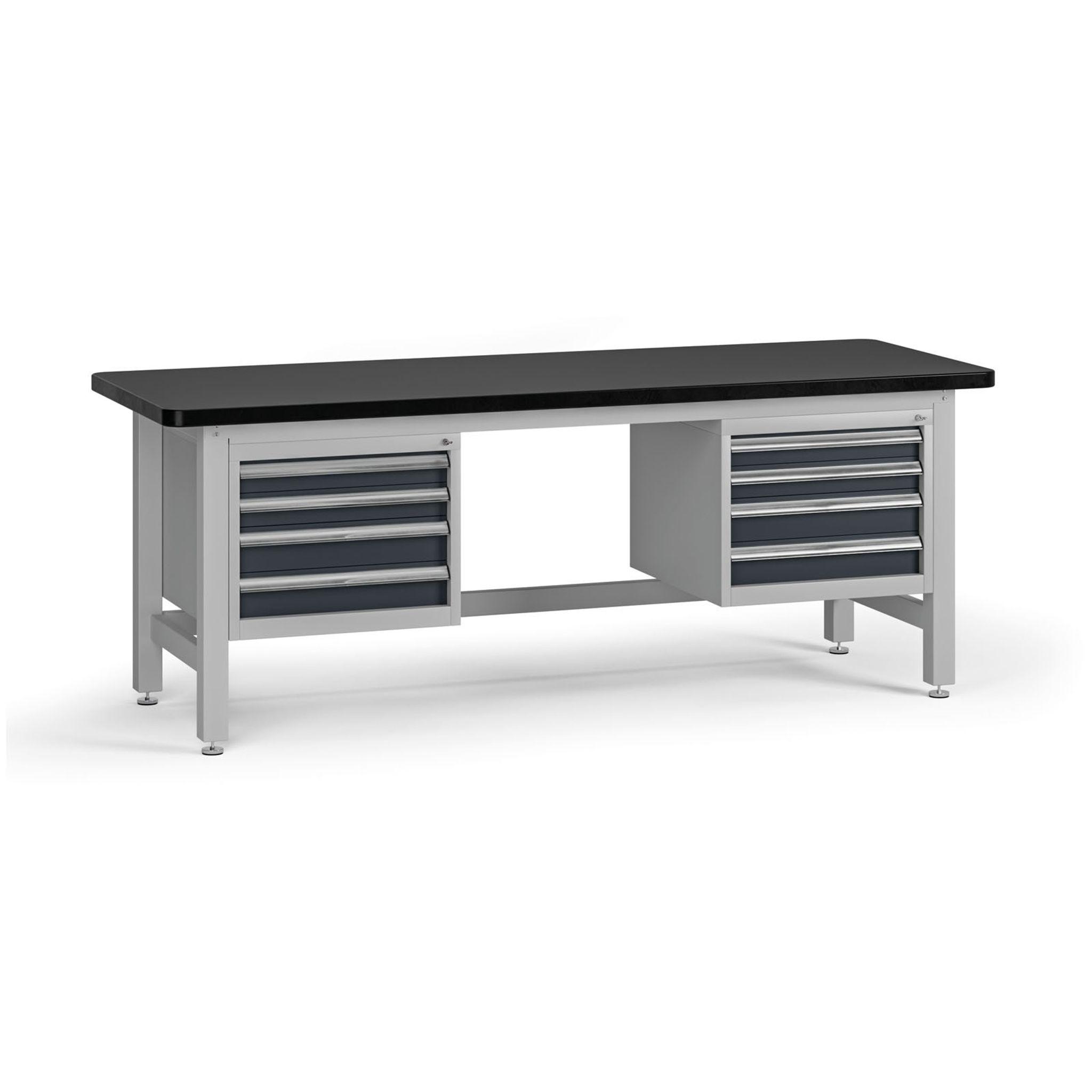 Pracovní stůl do dílny G4 se 2 závěsnými boxy na nářadí, MDF + PVC deska, 8 zásuvek, 2100 x 750 x 800 mm, grafit