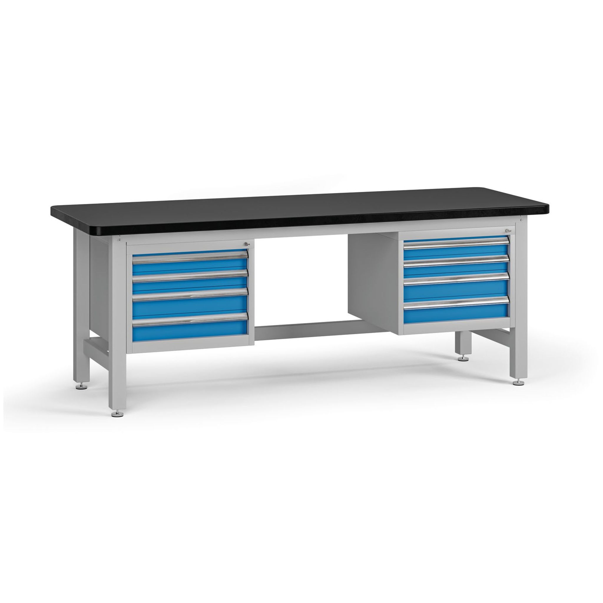 Pracovní stůl do dílny G4 se 2 závěsnými boxy na nářadí, MDF + PVC deska, 8 zásuvek, 2100 x 750 x 800 mm